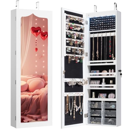 White Wall Mount Lockable Jewelry Cabinet Armoire with Full Length Mirror and 5 Lights G446
