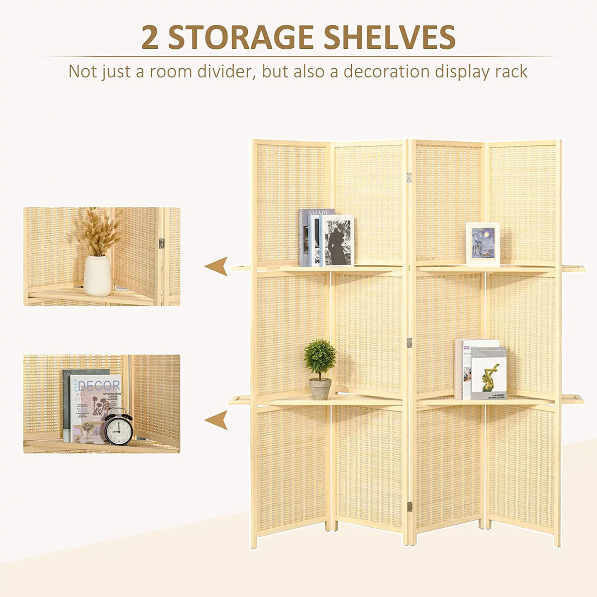 6 Ft Bamboo Folding Privacy Screen with 2 Display Shelves T8062
