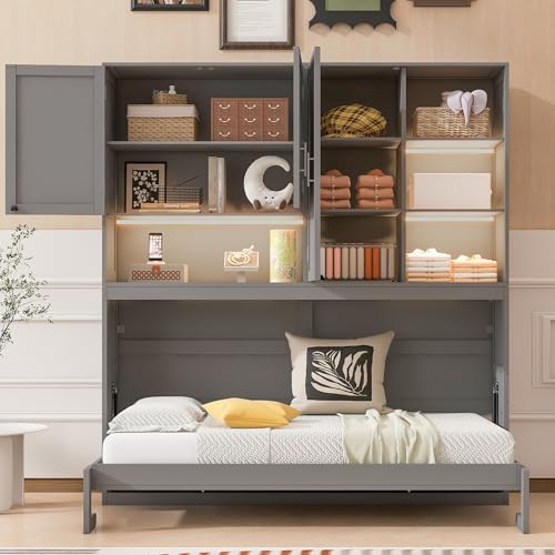 Grey Twin Murphy Bed with Storage Bookcase and Shelves B64923