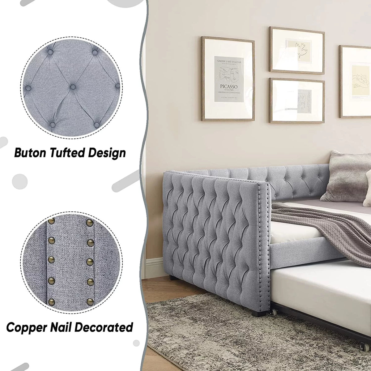 Light Grey Linen Upholstered Twin Size Daybed with Trundle R3495