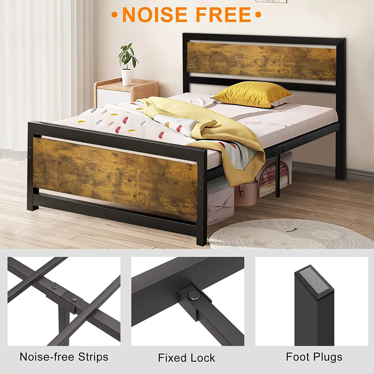 King Size Metal Bed Frame with Wood Headboard V40165