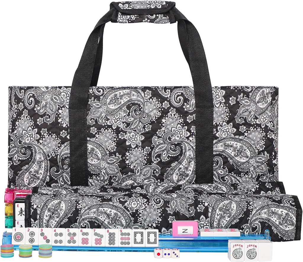 166 White Tiles Mahjong Game Set with 4 Color Rack Pushers, Black Carrying Bag, Mat with 3 Dice W66114
