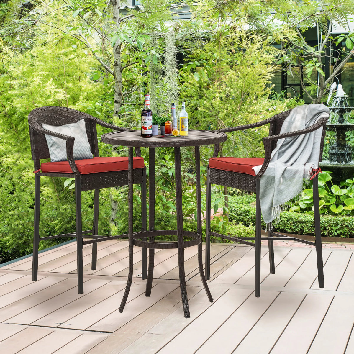 3 Pieces Red Wicker Patio Bar Stools Q825448