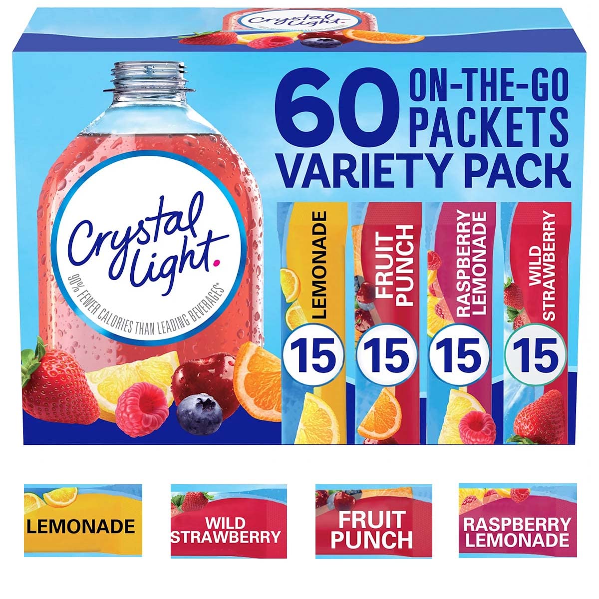 Sugar-Free Lemonade Fruit Punch Raspberry Lemonade Wild Strawberry Powdered Drink Singles Variety Pack, 60 Count Q54932