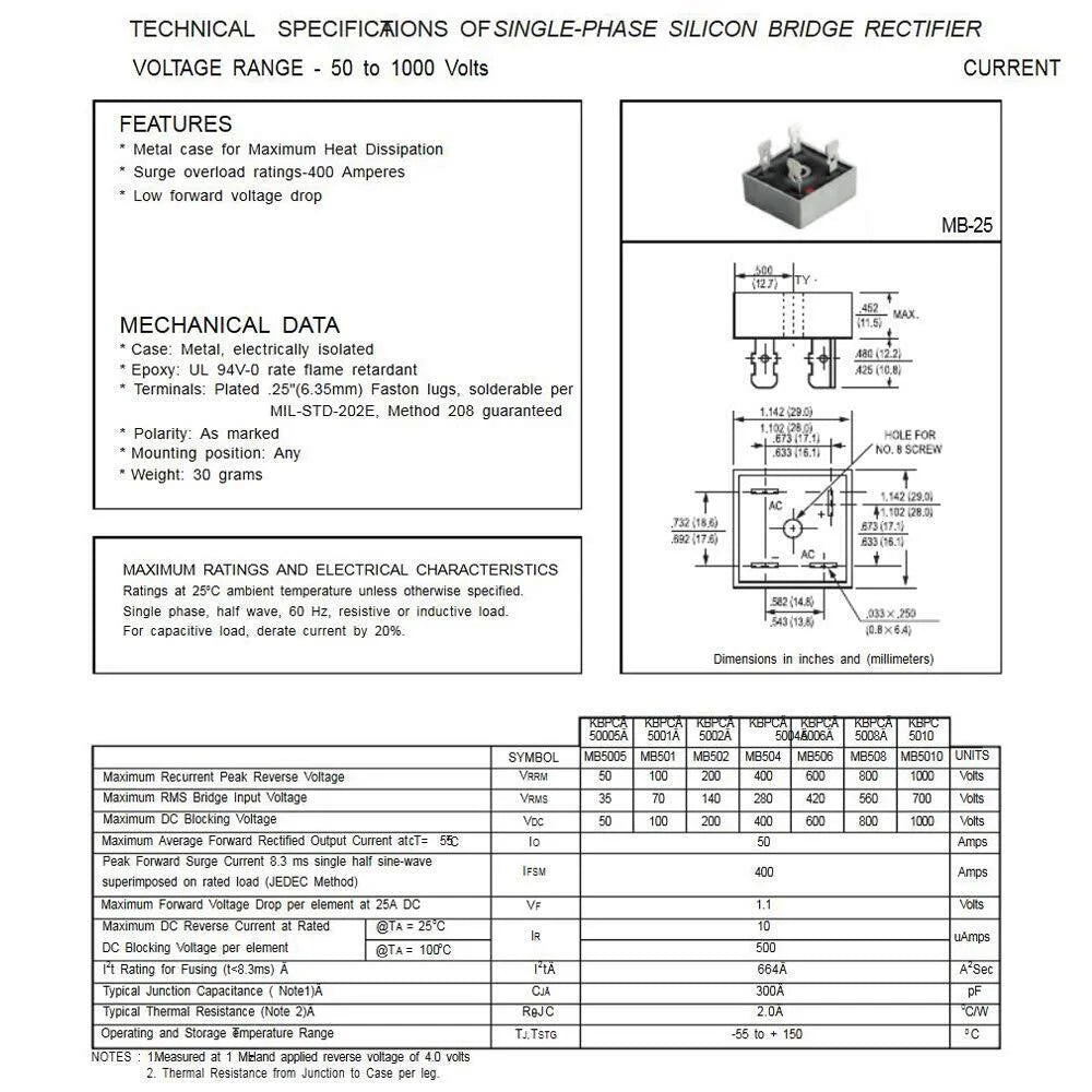 5/10Pcs 1000V 50A Metal Case Single Phase Diode Bridge Rectifier Q71891