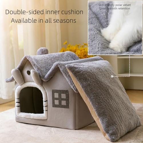 Grey Double Roof Indoor Dog House Cat Kennel with Removable Cushion V32106