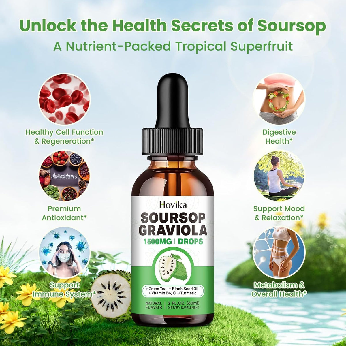 Soursop Graviola Liquid Drops 1500mg with Green Tea, Black Seed Oil, Turmeric, Natural-B Flavor 2 Fl Oz B34752
