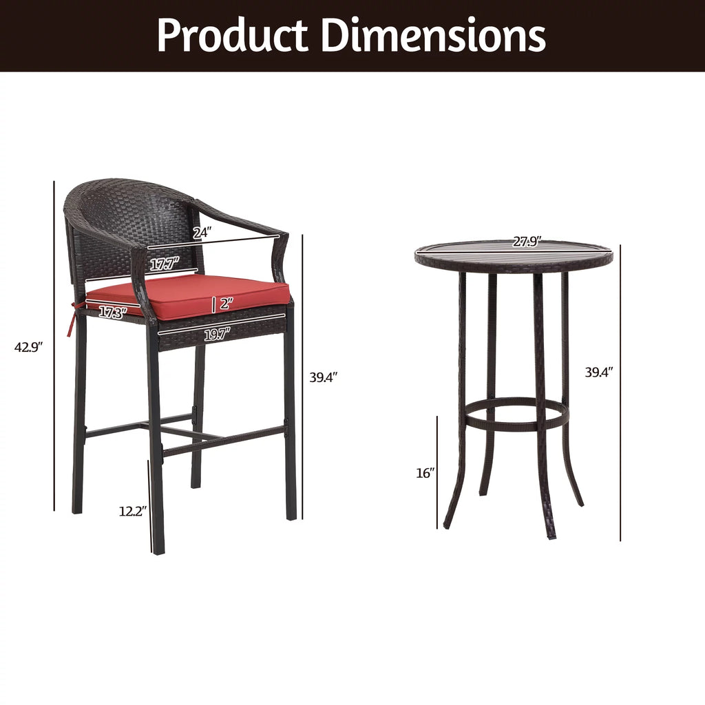 3 Pieces Red Wicker Patio Bar Stools Q825448