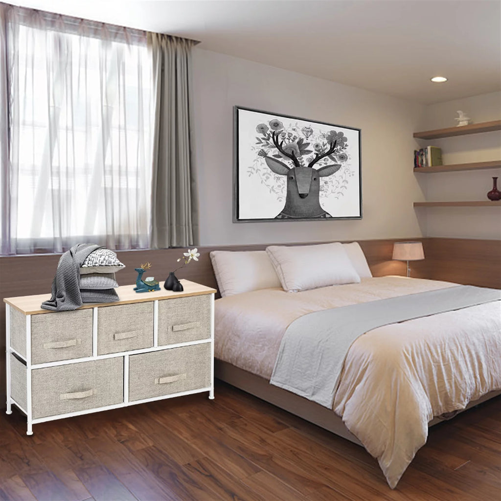 2-Tier Wide Closet Dresser with 5 Fabric Drawers E13389