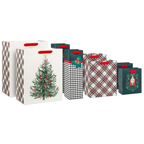 Assorted Christmas Gift Bags, Recyclable Kraft Brown with Snowflake, Plaid and Trees, 8 Bags: 3 Small 6", 3 Medium 9", 2 Large 13" G314194