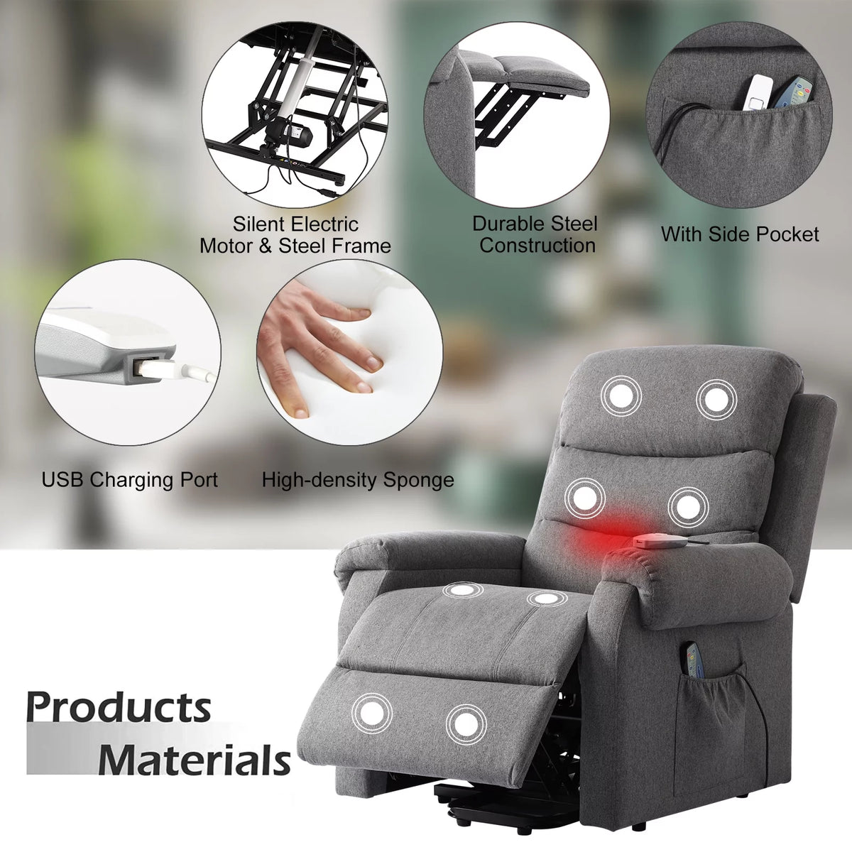 Linen Fabric Heated Massage Power Lift Recliner Chair with USB Ports O15857