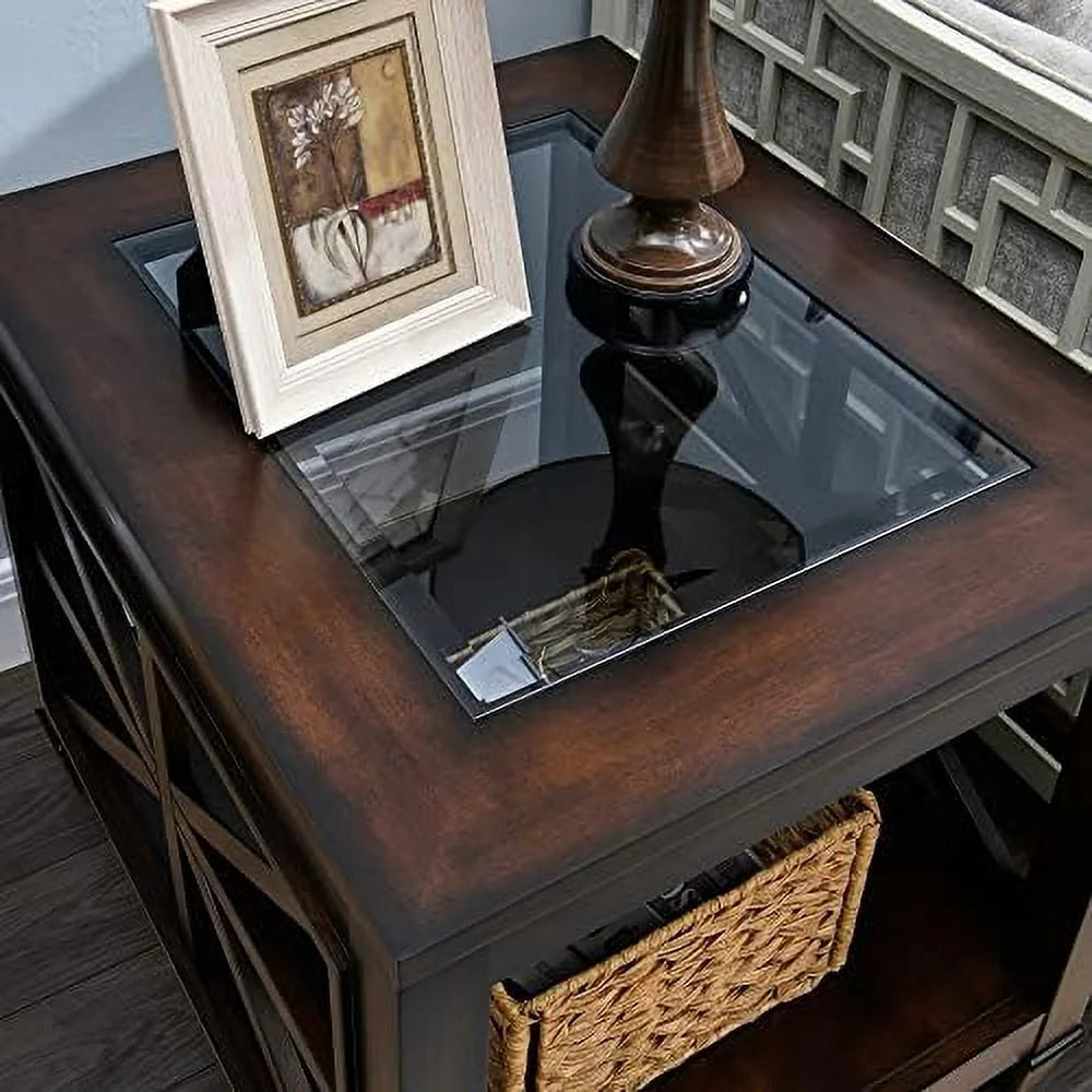 Rustic Brown End Table with Tempered Glass R3203