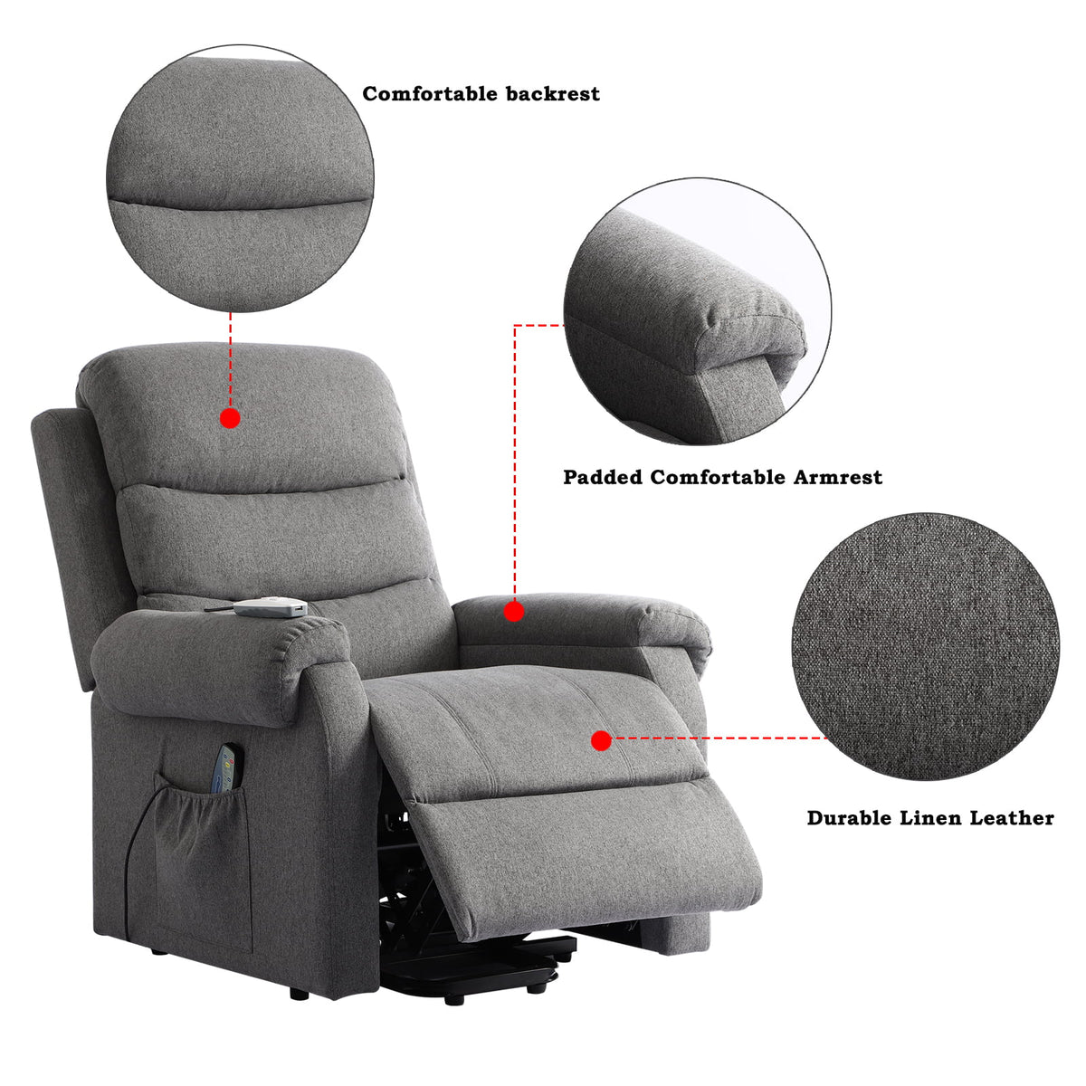 Linen Fabric Heated Massage Power Lift Recliner Chair with USB Ports O15857