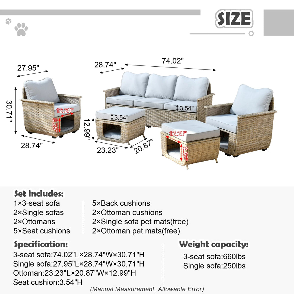 5 Pieces All Weather Wicker Patio Sectional Sofa Set with Storage Box N4636