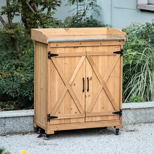 Outdoor Wooden Potting Bench with Wheel Z21628