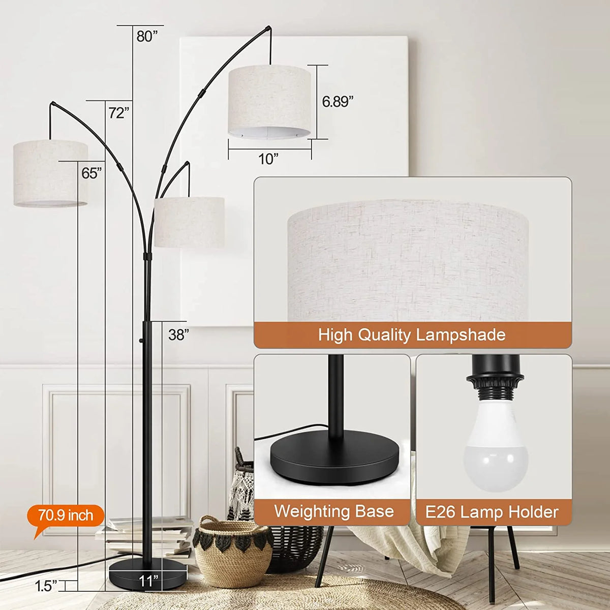 Black Arc Floor Lamp with Linen Lamp Shade F480