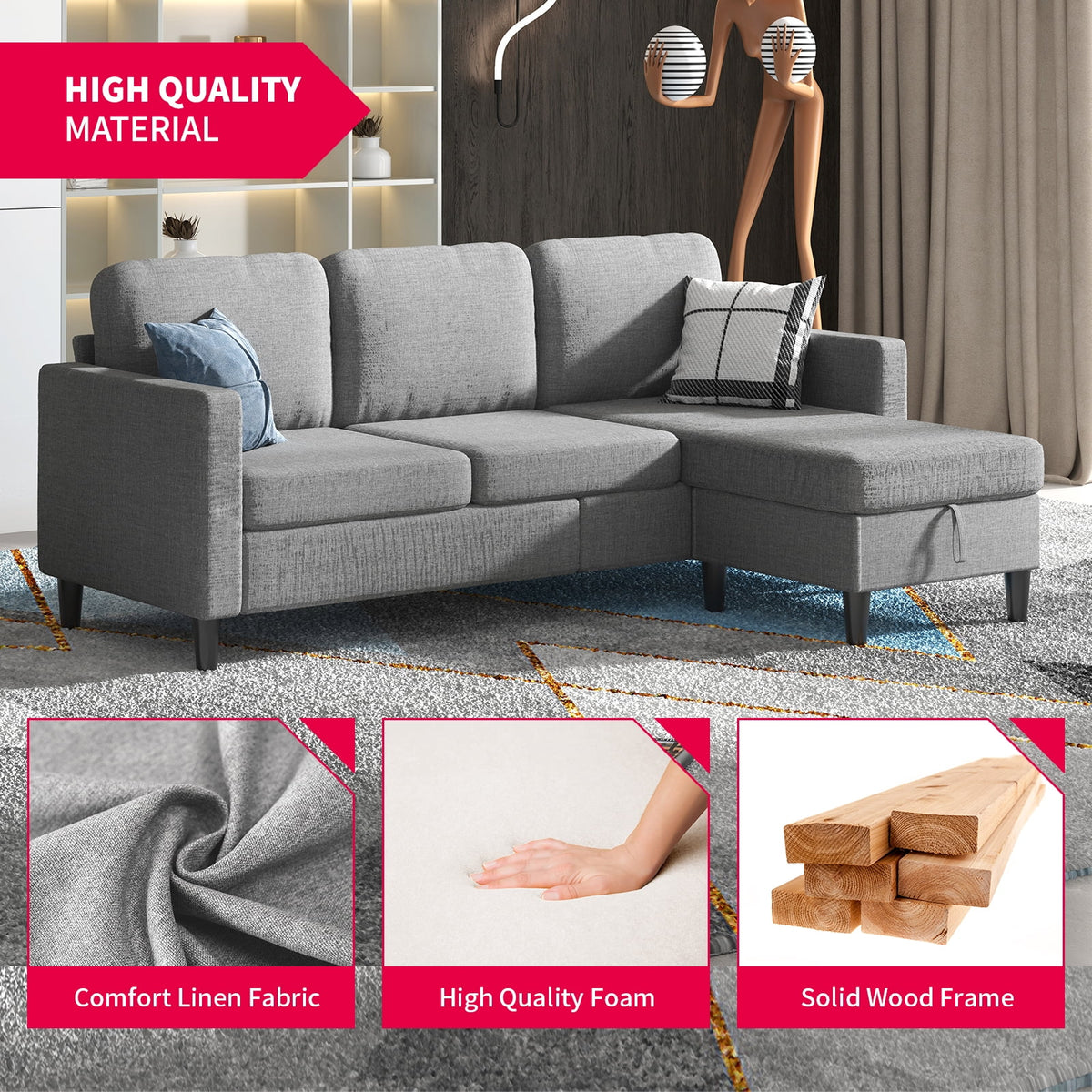 Beige Linen Sectional Sofa with Storage Ottoman K533