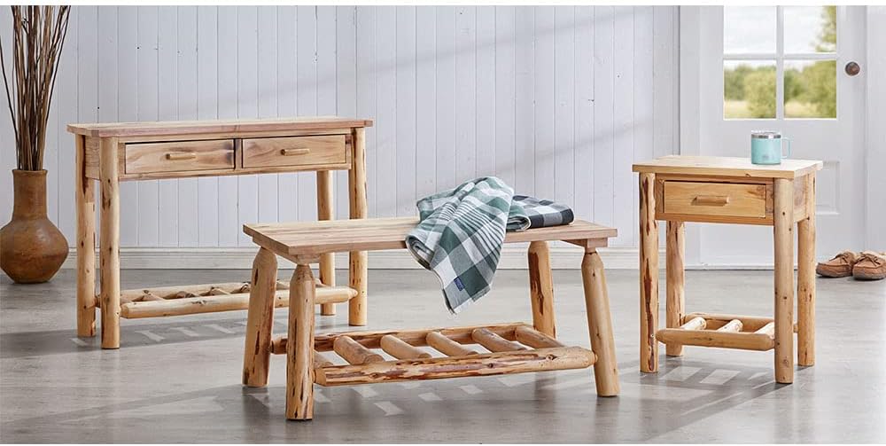 Pine Log End Table Nightstand with Storage Drawer N4376