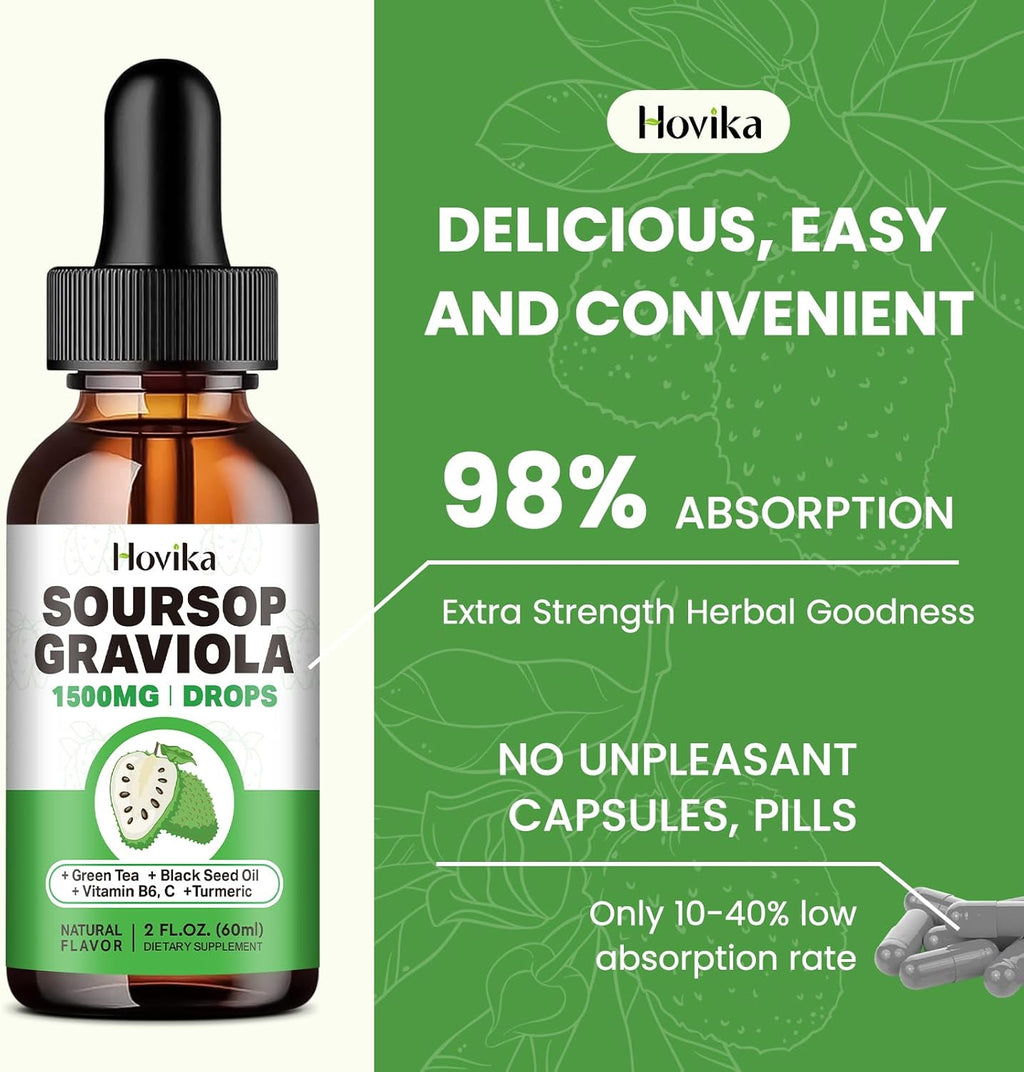 Soursop Graviola Liquid Drops 1500mg with Green Tea, Black Seed Oil, Turmeric, Natural-B Flavor 2 Fl Oz B34752