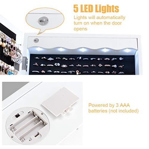 White Wall Mount Lockable Jewelry Cabinet Armoire with Full Length Mirror and 5 Lights G446