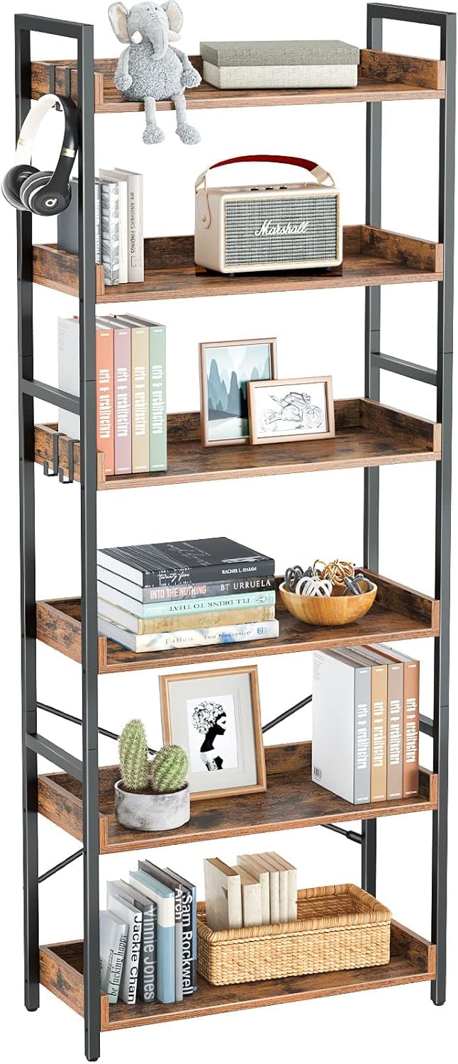 Rustic Brown 6 Tier Wood Bookshelf with 4 Hooks Metal Frame Z9009