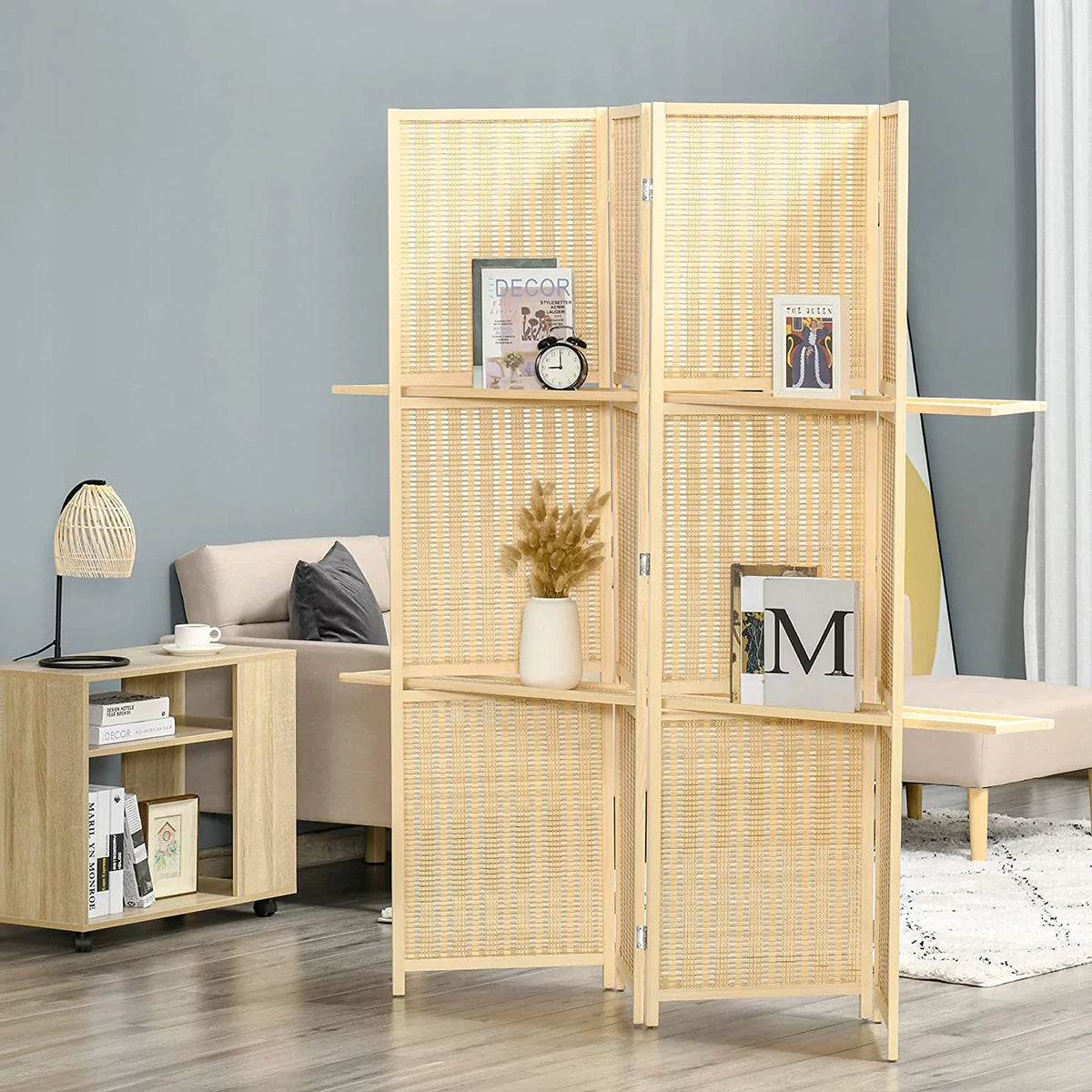 6 Ft Bamboo Folding Privacy Screen with 2 Display Shelves T8062