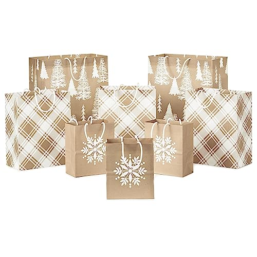 Assorted Christmas Gift Bags, Recyclable Kraft Brown with Snowflake, Plaid and Trees, 8 Bags: 3 Small 6", 3 Medium 9", 2 Large 13" G314194