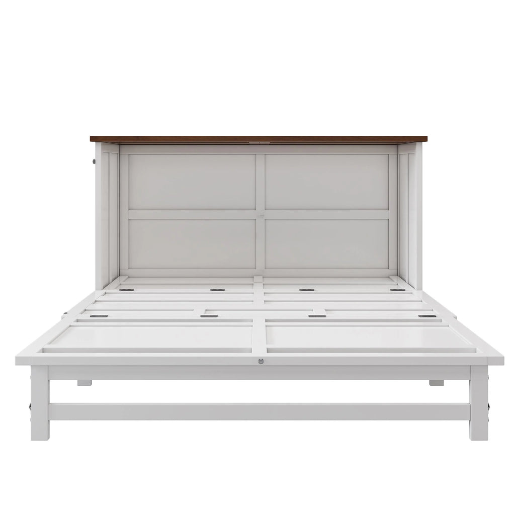 White+Walnut Solid Wood Queen Size Murphy Bed with Storage Drawer Y565177