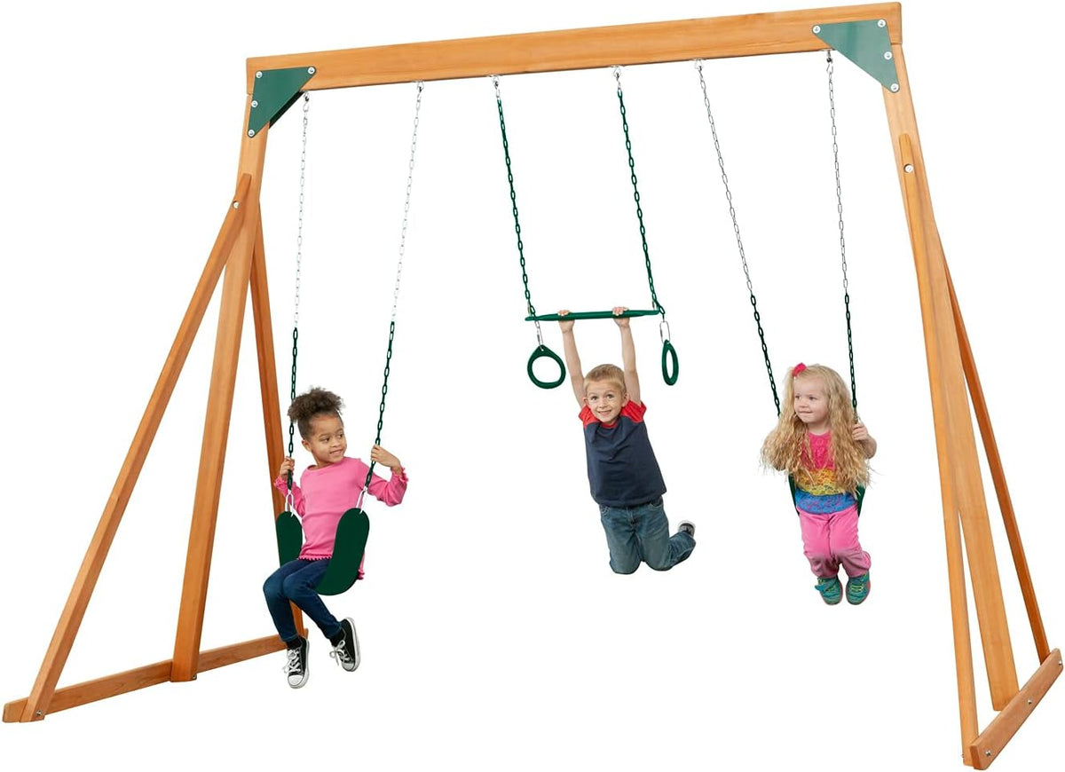 Cedar Wooden Backyard Swing Set with 2 Swings & 1 Trapeze O9441