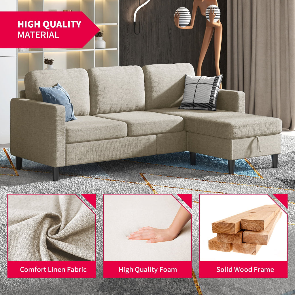 Beige Linen Sectional Sofa with Storage Ottoman K533