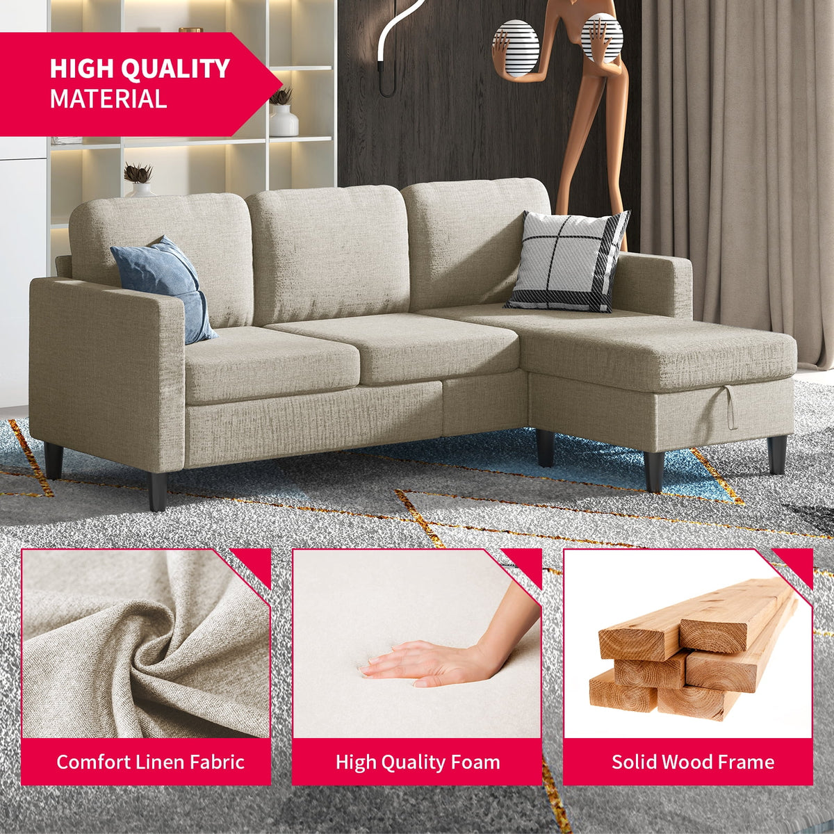 Beige Linen Sectional Sofa with Storage Ottoman K533