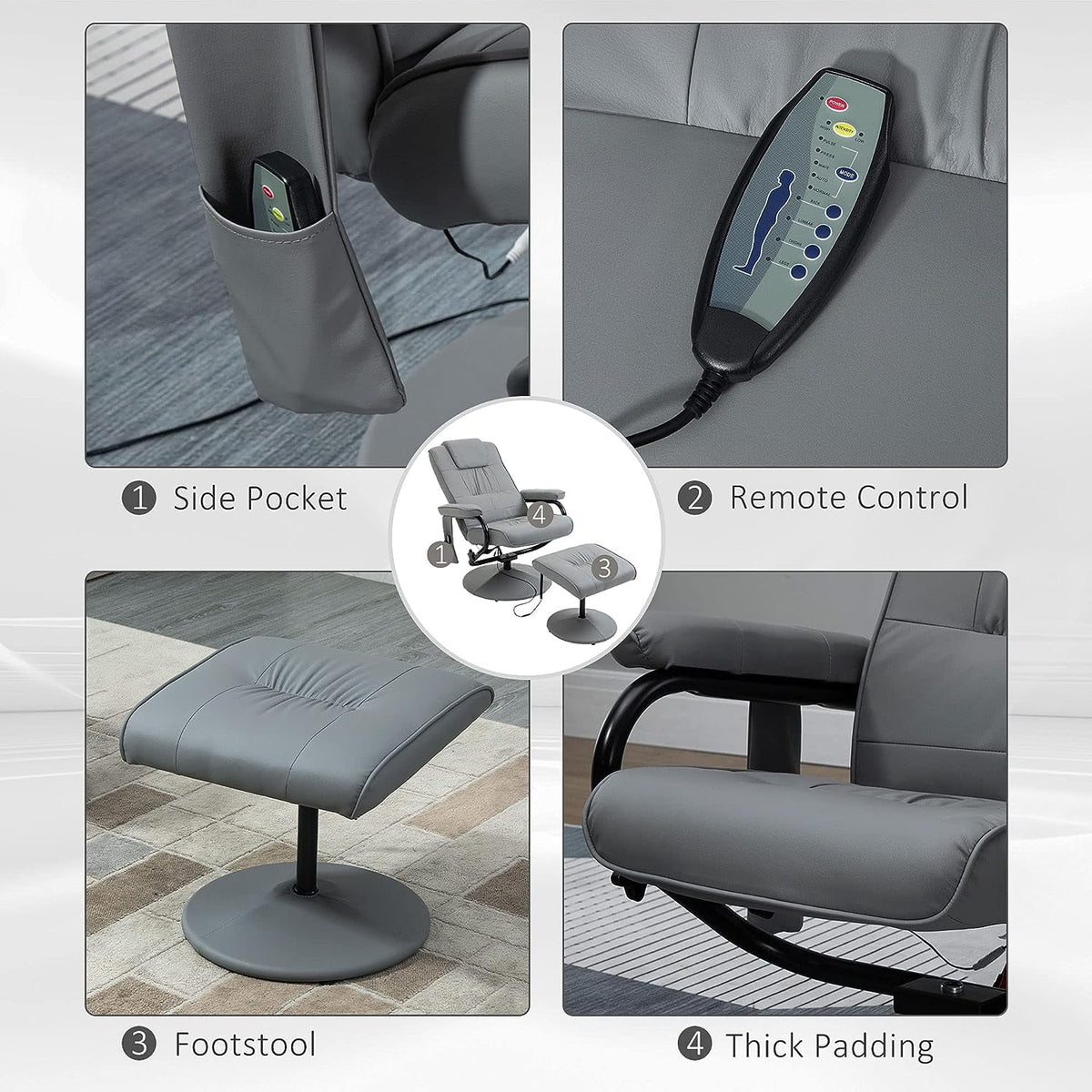 Gray Faux Leather Massaging Recliner Chair and Ottoman Set S250218