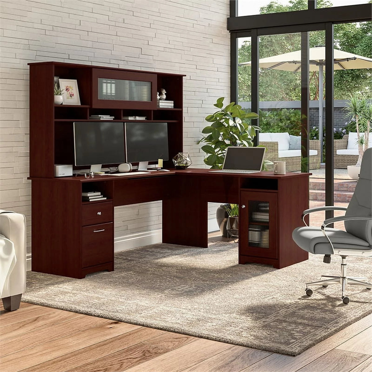72W L Desk with Hutch in Harvest Cherry Engineered Wood N5504