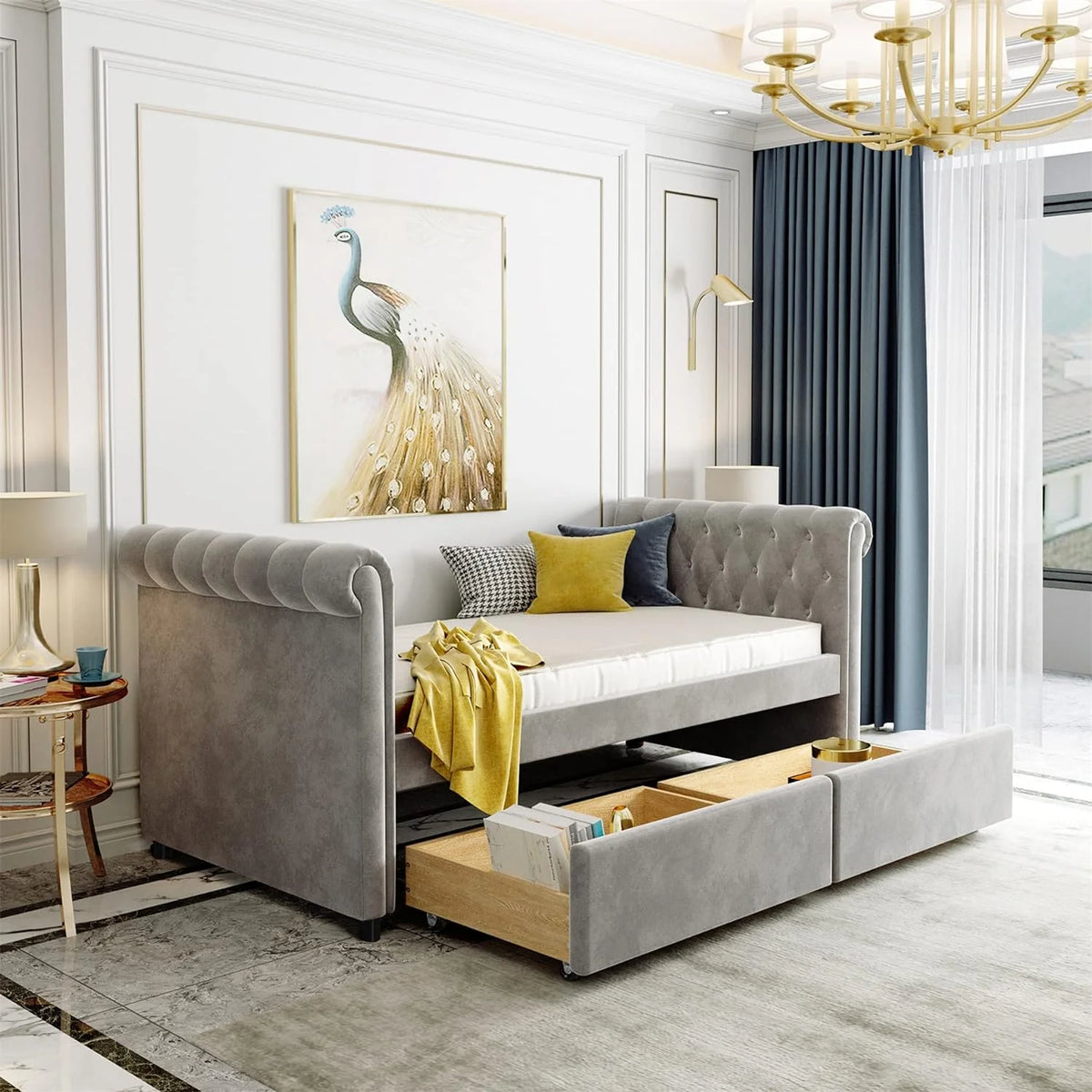 Gray Upholstered Daybed with Drawers K428