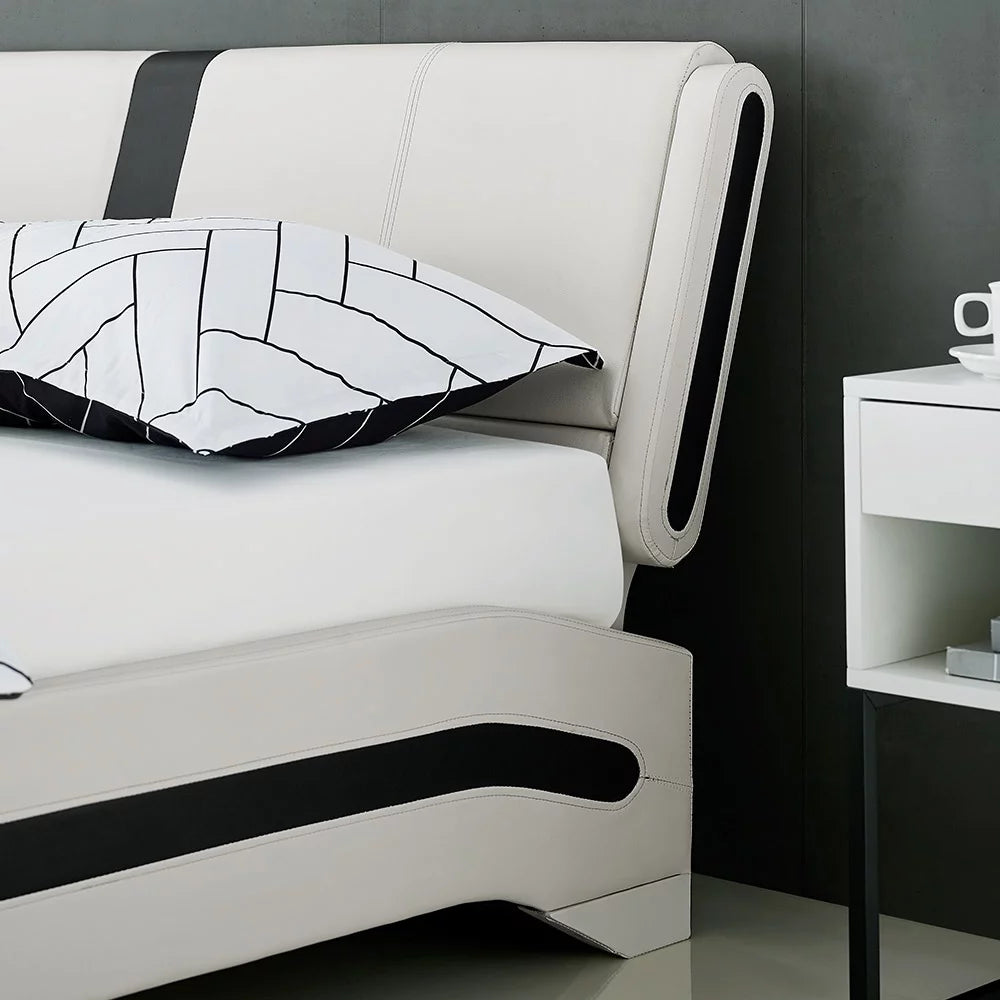 Queen White Platform Bedroom Set with Striped Headboard Q44261