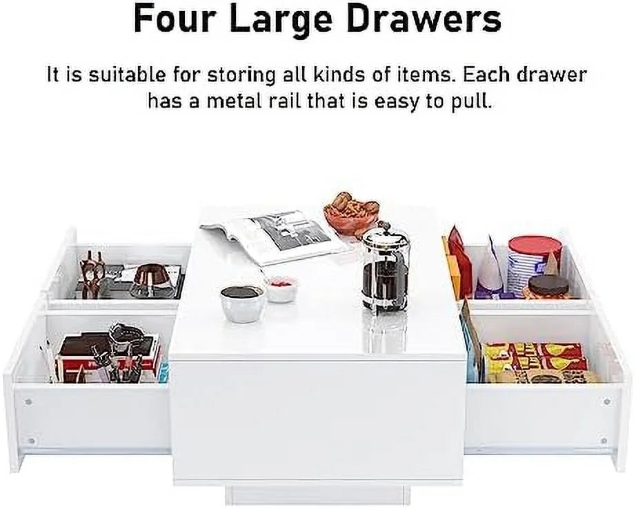 LED Coffee Table with 4 Sliding Drawers White O189508