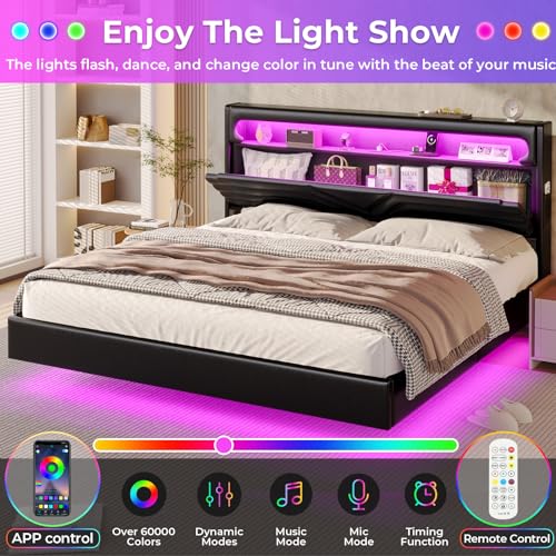 Dark Gray Queen Upholstered Platform Bed with LED Lights and Storage Headboard Y788943