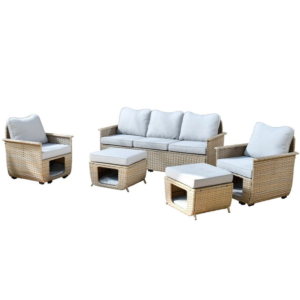 5 Pieces All Weather Wicker Patio Sectional Sofa Set with Storage Box N4636