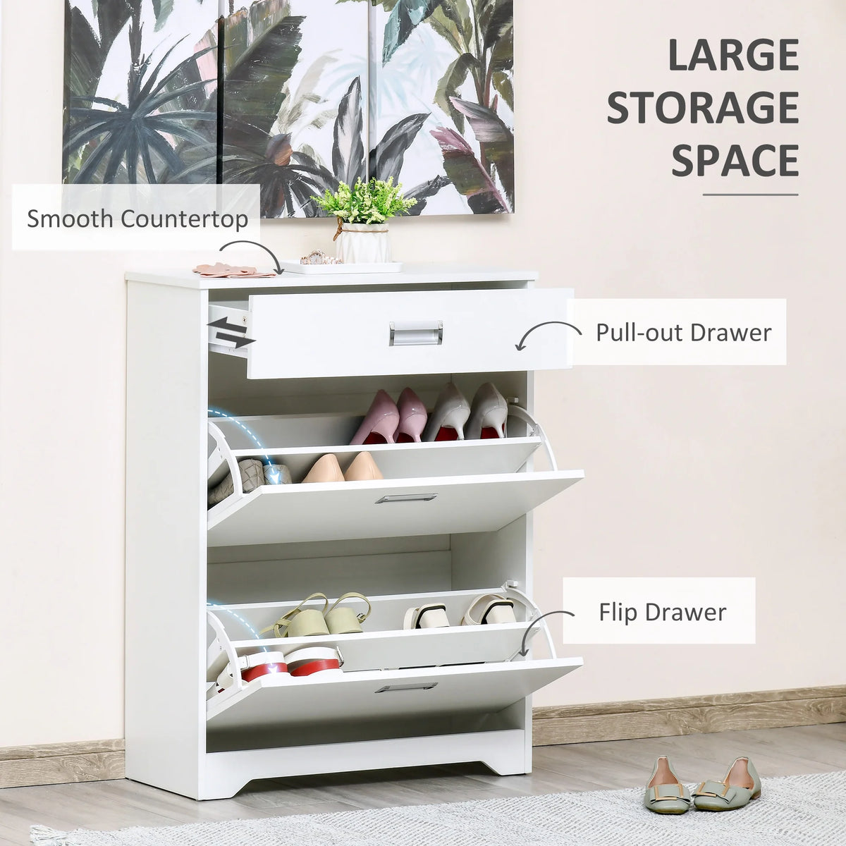 White 3-Drawer Shoe Cabinet with 2 Flip Doors B59766