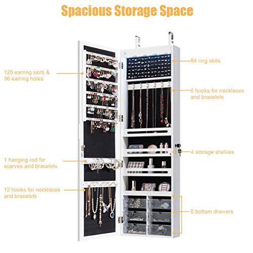White Wall Mount Lockable Jewelry Cabinet Armoire with Full Length Mirror and 5 Lights G446