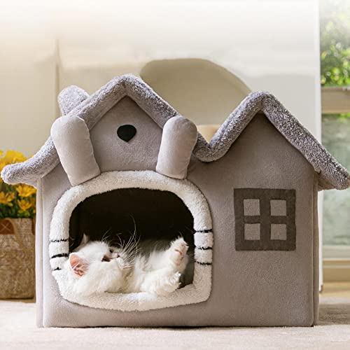 Grey Double Roof Indoor Dog House Cat Kennel with Removable Cushion V32106