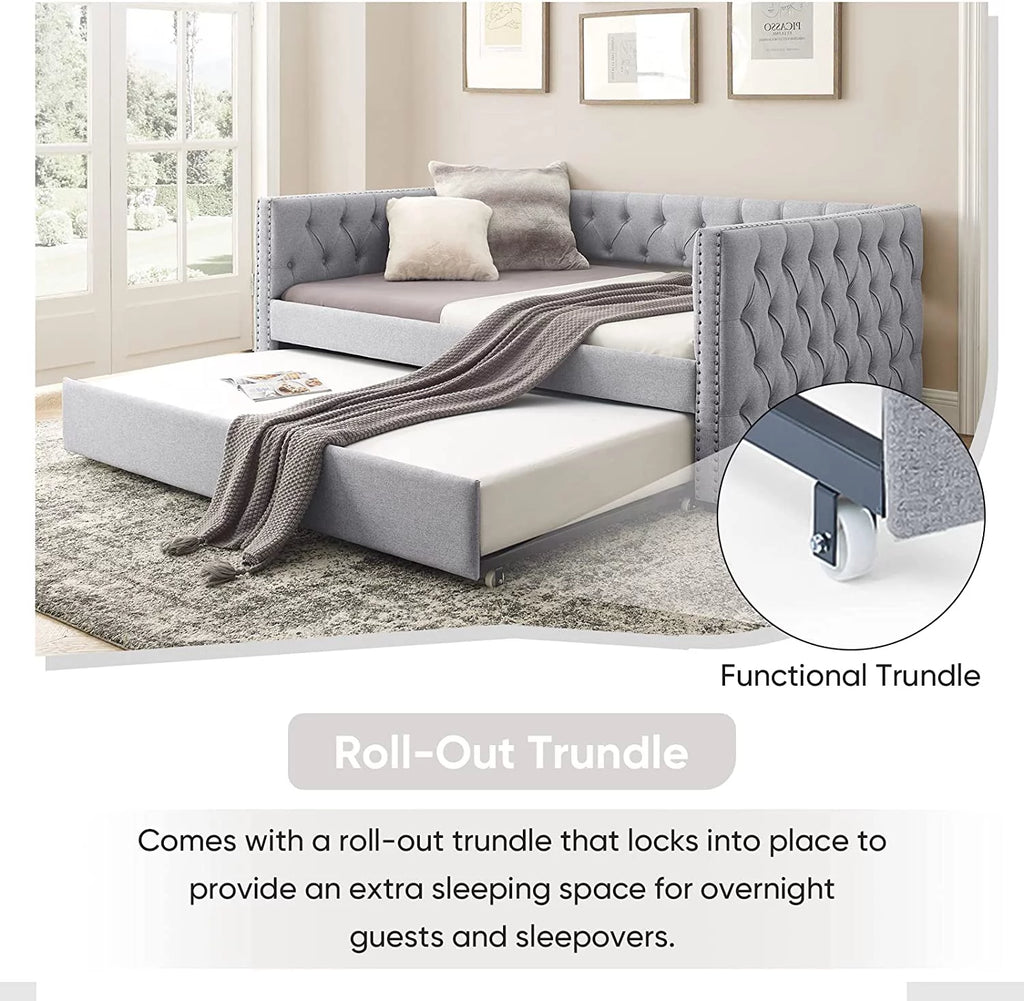 Light Grey Linen Upholstered Twin Size Daybed with Trundle R3495
