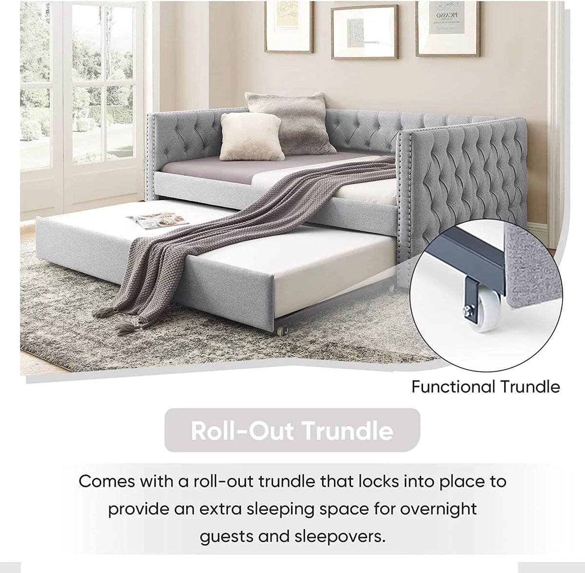 Light Grey Linen Upholstered Twin Size Daybed with Trundle R3495