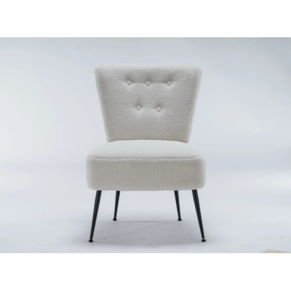 Ivory White Tufted Teddy Fabric Slipper Chair with Black Metal Legs X746907