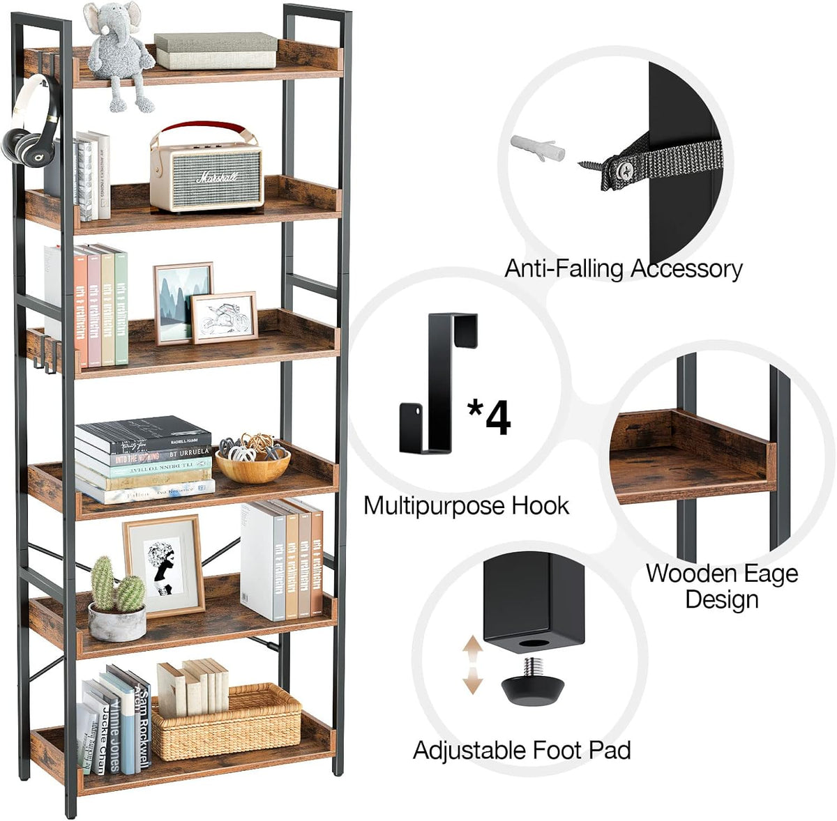 Rustic Brown 6 Tier Wood Bookshelf with 4 Hooks Metal Frame Z9009