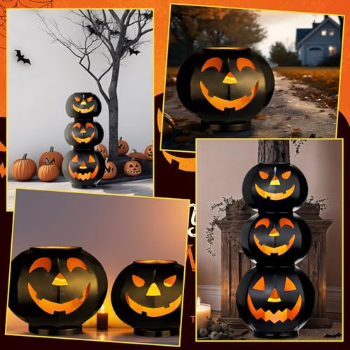 3 Tiers Black Metal Jack O Lanterns Light up Pumpkins with LED Candles S52210