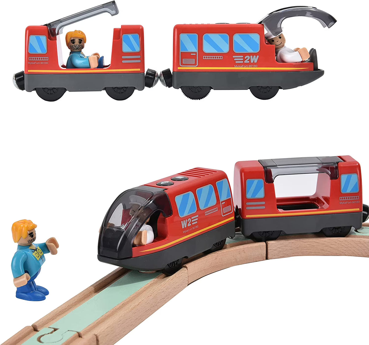 Red Battery Operated Action Locomotive Train Set for Wooden Train Tracks M335