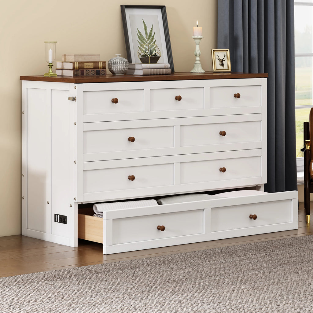 White+Walnut Solid Wood Queen Size Murphy Bed with Storage Drawer Y565177