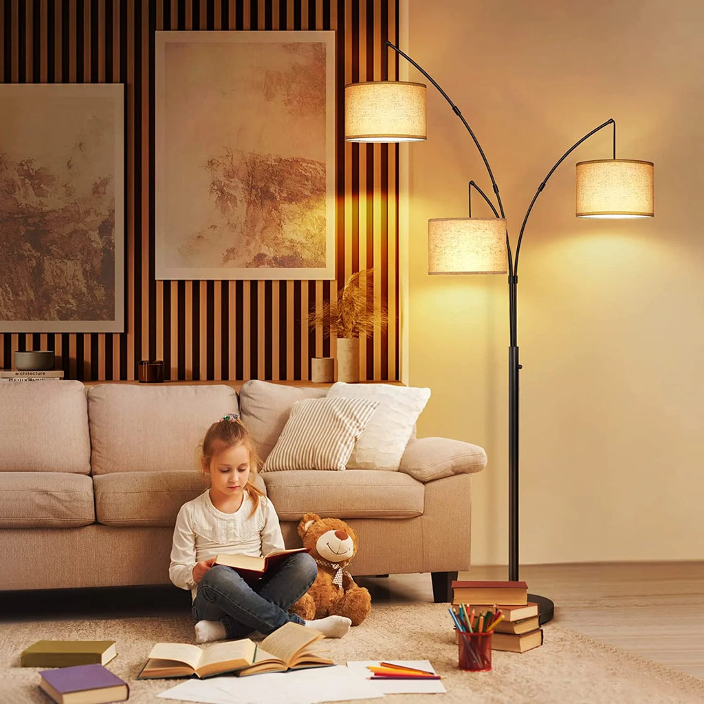 Black Arc Floor Lamp with Linen Lamp Shade F480