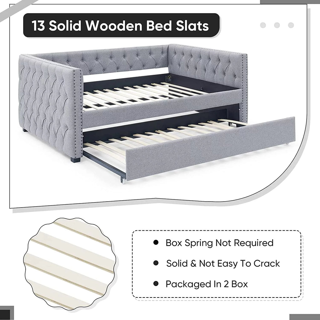Light Grey Linen Upholstered Twin Size Daybed with Trundle R3495